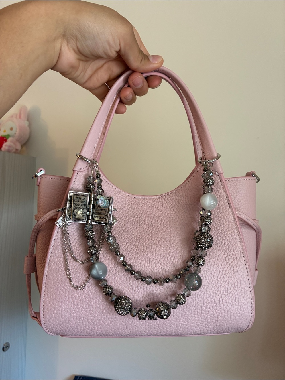Silver Gray Beaded Prayer Charm Bag Chain